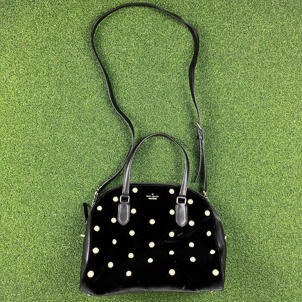 Kate Spade Laurel Way Velvet Reiley Black Velvet Faux Pearl Studded Handbag
